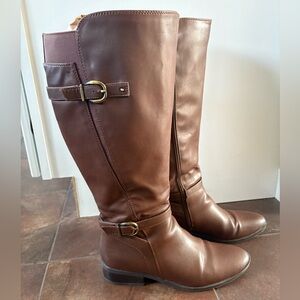 Brown Knee-High Wide Calf Faux Leather Boots